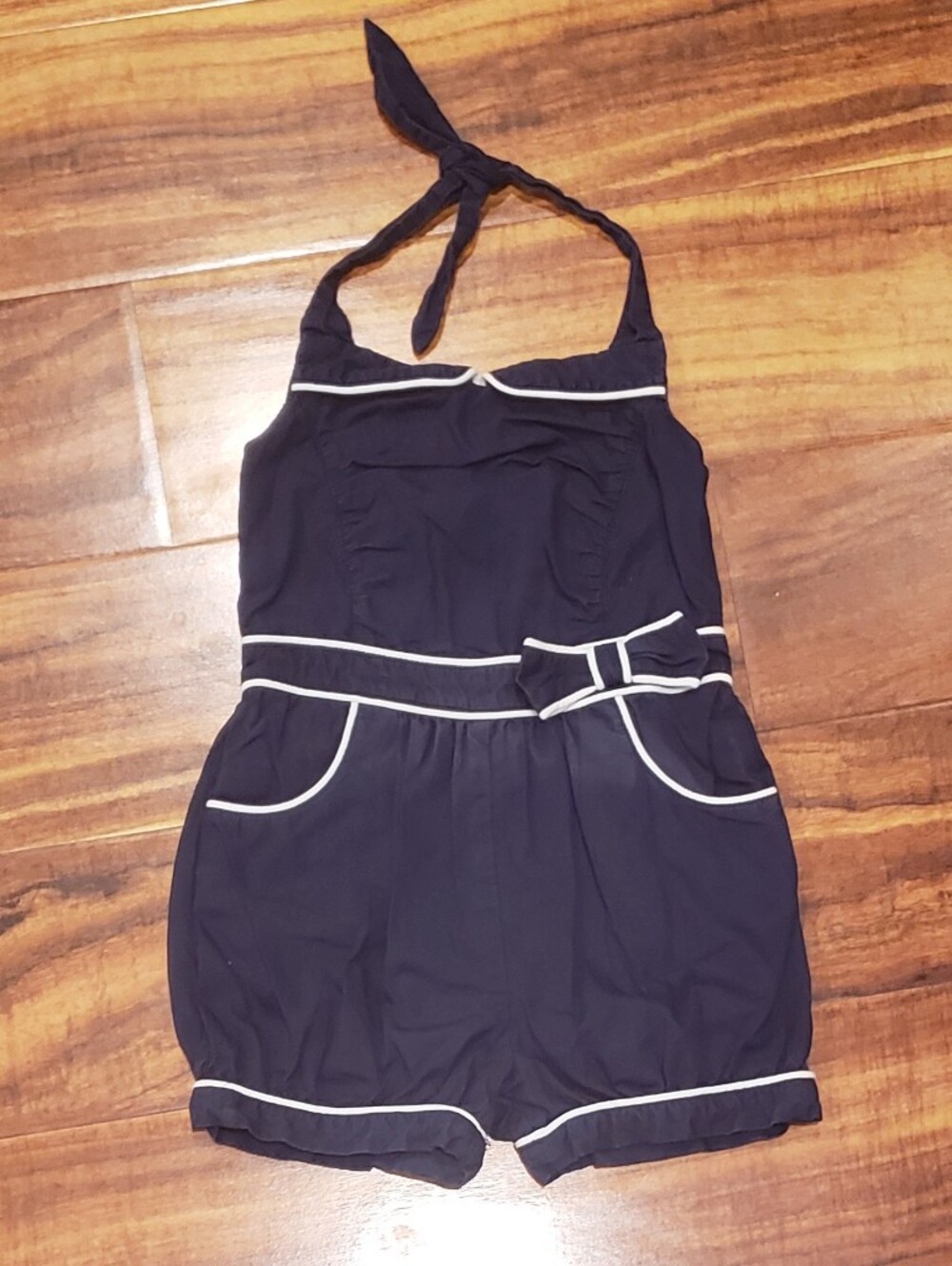 Janie and Jack 3T navy blue halter romper with ivory piping